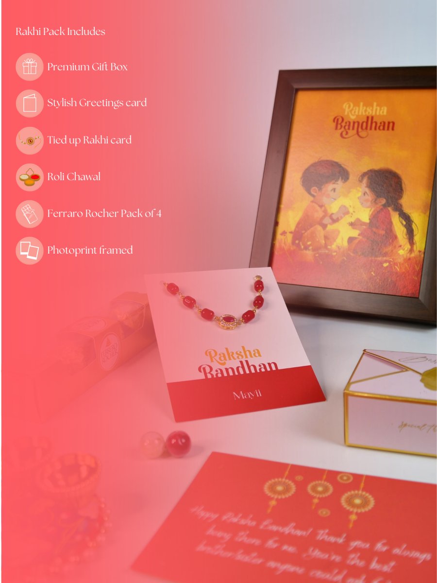 Sowpeace Exquisite Red Beads Rakhi Pack of 1 with Roli Chawal Thali, Chocolates, Photo Frame and Greeting card combo for Raksha Bandhan and Gifting