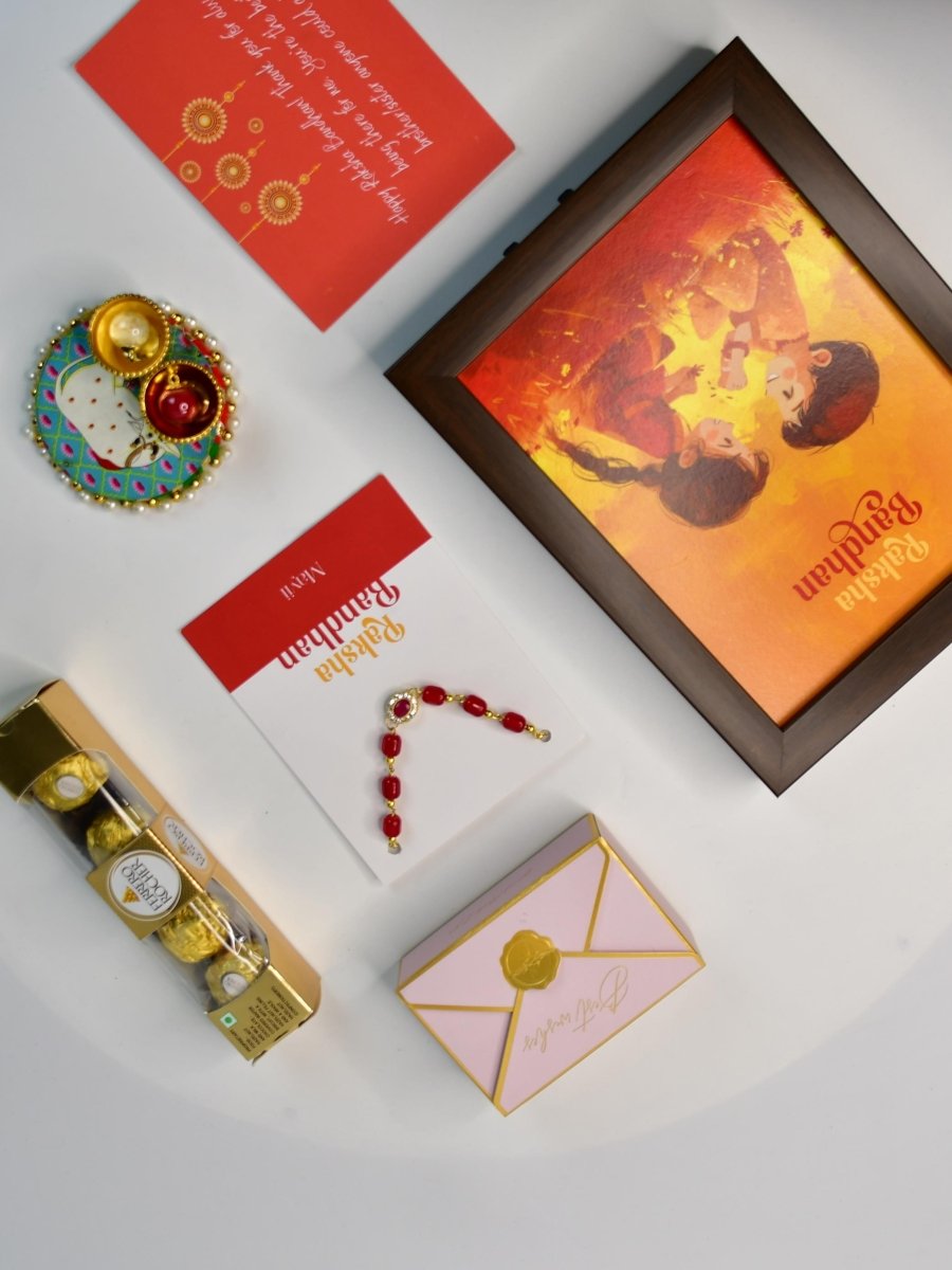 Sowpeace Exquisite Red Beads Rakhi Pack of 1 with Roli Chawal Thali, Chocolates, Photo Frame and Greeting card combo for Raksha Bandhan and Gifting