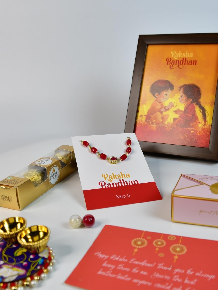 Sowpeace Exquisite Red Beads Rakhi Pack of 1 with Roli Chawal Thali, Chocolates, Photo Frame and Greeting card combo for Raksha Bandhan and Gifting