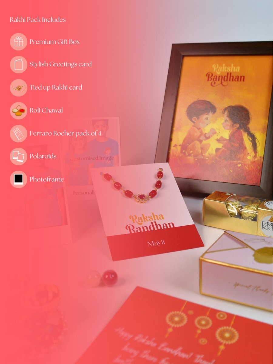 Sowpeace Exquisite Red Beads Rakhi Pack of 1 with Roli Chawal Thali, Chocolates, Photo Frame, Poloroids and Greeting card combo for Raksha Bandhan and Gifting