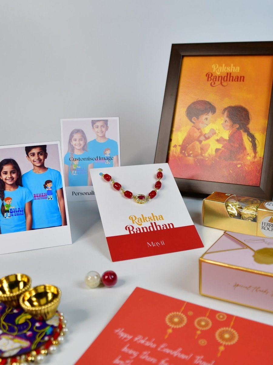 Sowpeace Exquisite Red Beads Rakhi Pack of 1 with Roli Chawal Thali, Chocolates, Photo Frame, Poloroids and Greeting card combo for Raksha Bandhan and Gifting