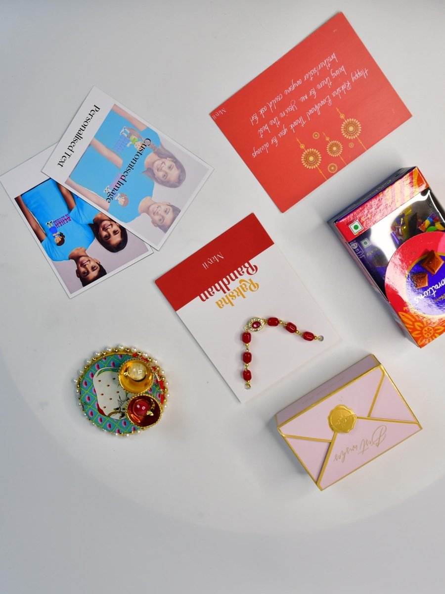 Sowpeace Exquisite Red Beads Rakhi Pack of 1 with Roli Chawal Thali, Chocolates, Poloroids and Greeting card combo for Raksha Bandhan and Gifting