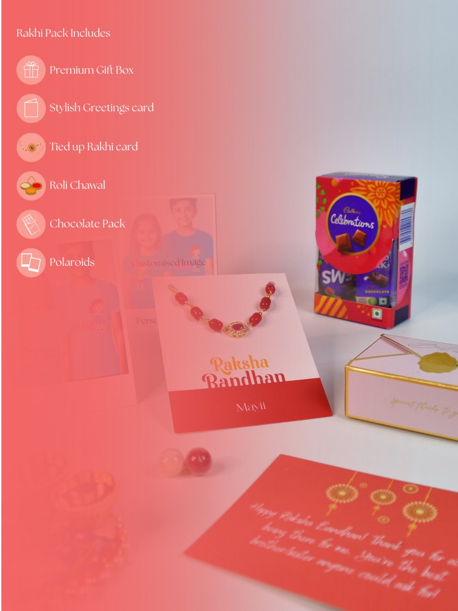 Sowpeace Exquisite Red Beads Rakhi Pack of 1 with Roli Chawal Thali, Chocolates, Poloroids and Greeting card combo for Raksha Bandhan and Gifting