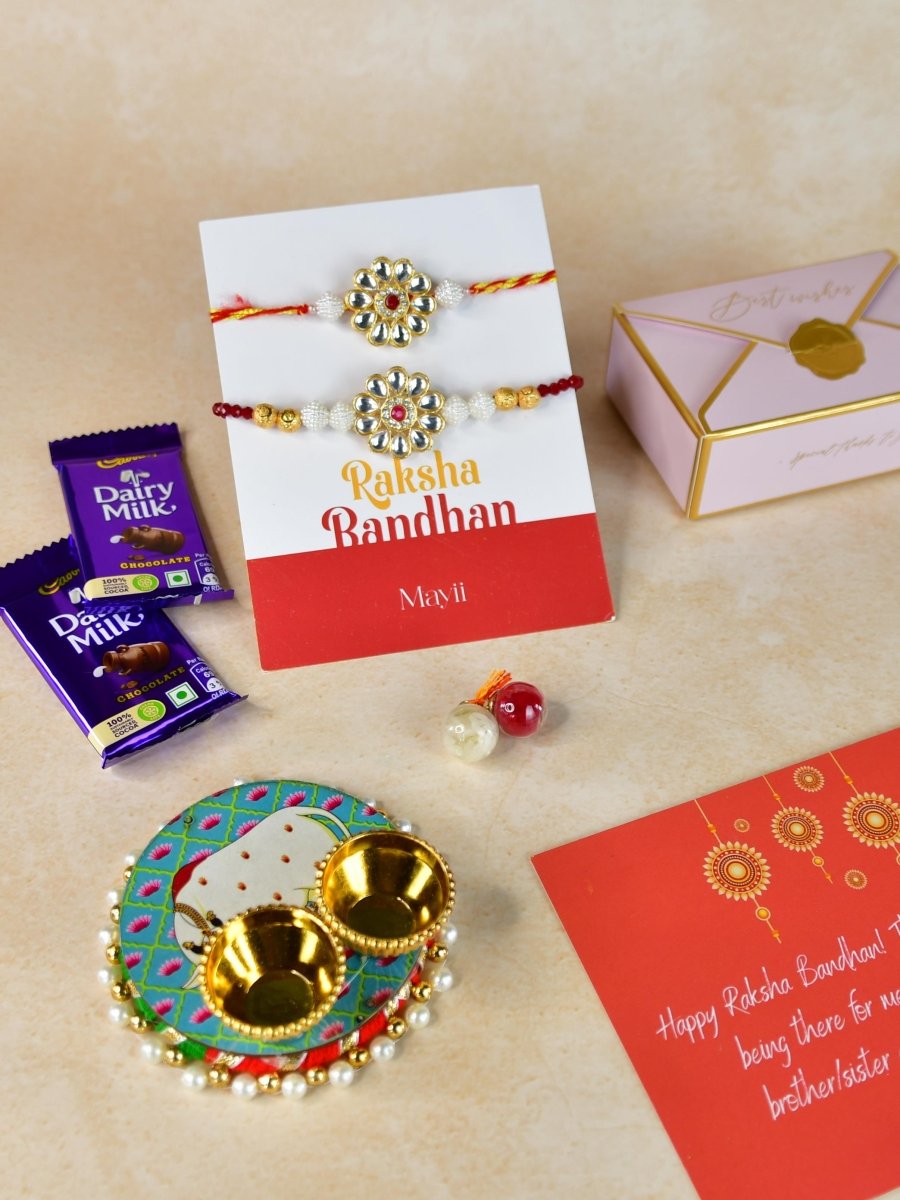 Sowpeace Exquisite Red Centre Flower Rakhi Pack of 1 with Roli Chawal Thali, Chocolates, and Greeting card combo for Raksha Bandhan and Gifting