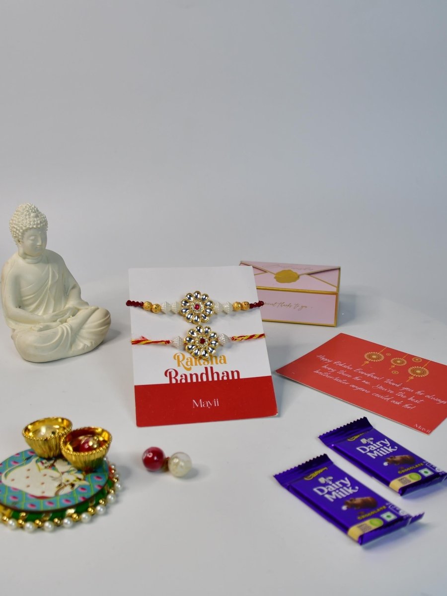 Sowpeace Exquisite Red Centre Flower Rakhi Pack of 1 with Roli Chawal Thali, Chocolates, Buddha and Greeting card combo for Raksha Bandhan and Gifting