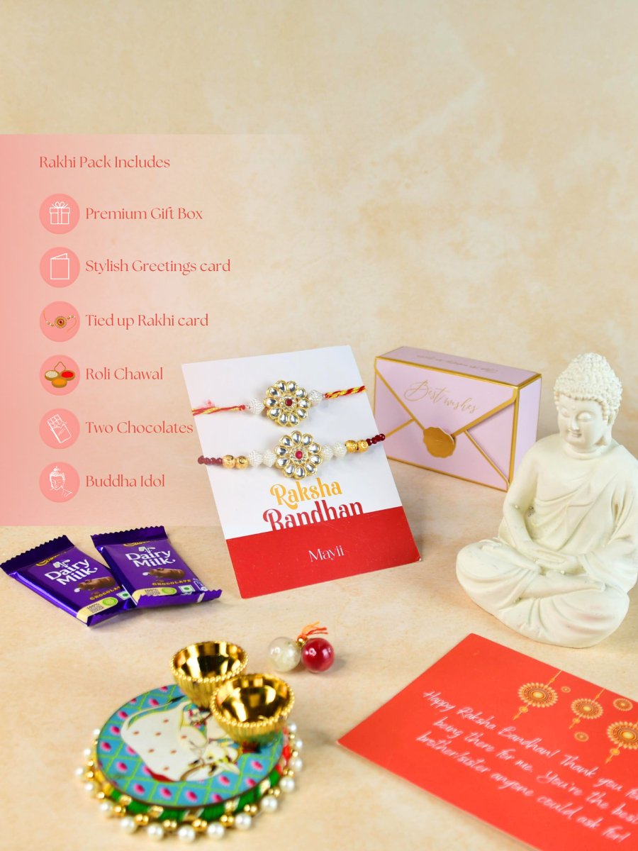 Sowpeace Exquisite Red Centre Flower Rakhi Pack of 1 with Roli Chawal Thali, Chocolates, Buddha and Greeting card combo for Raksha Bandhan and Gifting