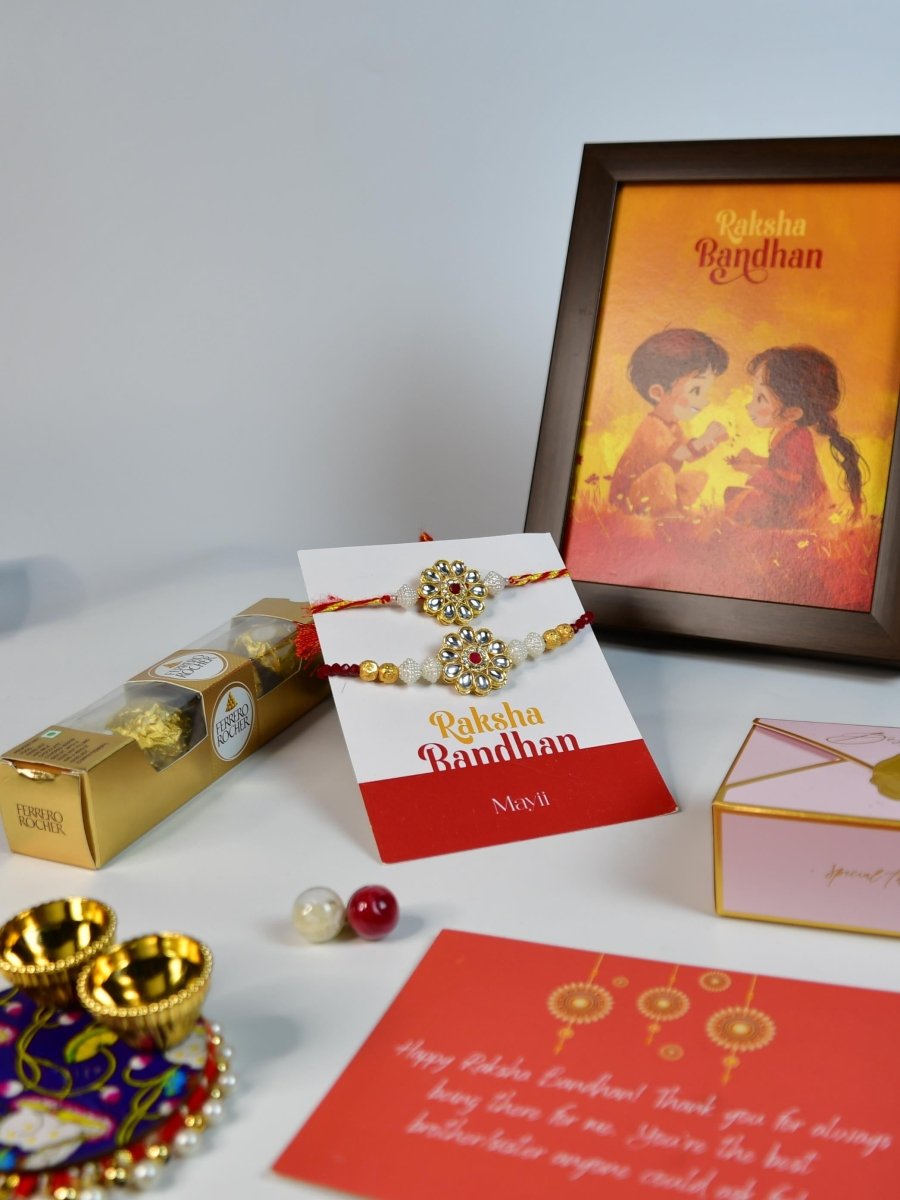 Sowpeace Exquisite Red Centre Flower Rakhi Pack of 1 with Roli Chawal Thali, Chocolates, Photo Frame and Greeting card combo for Raksha Bandhan and Gifting