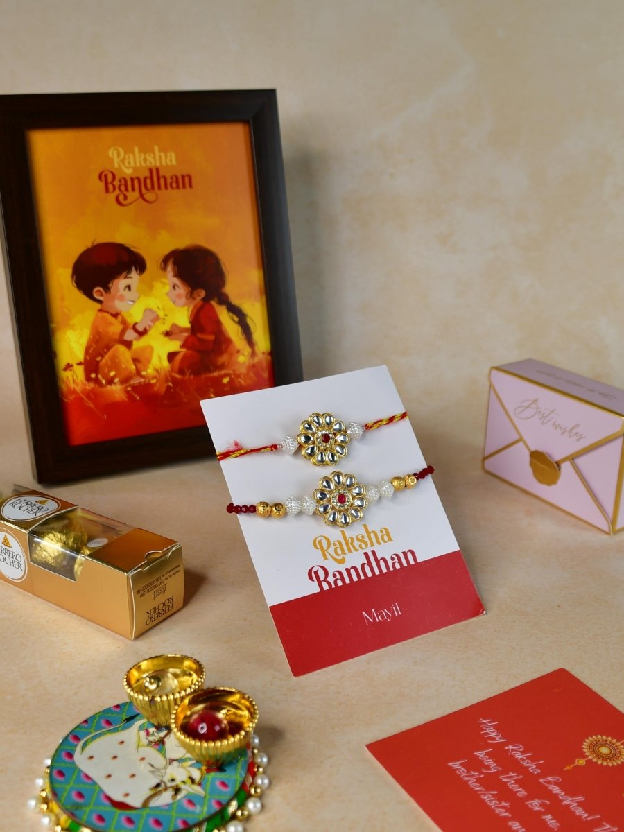 Sowpeace Exquisite Red Centre Flower Rakhi Pack of 1 with Roli Chawal Thali, Chocolates, Photo Frame and Greeting card combo for Raksha Bandhan and Gifting