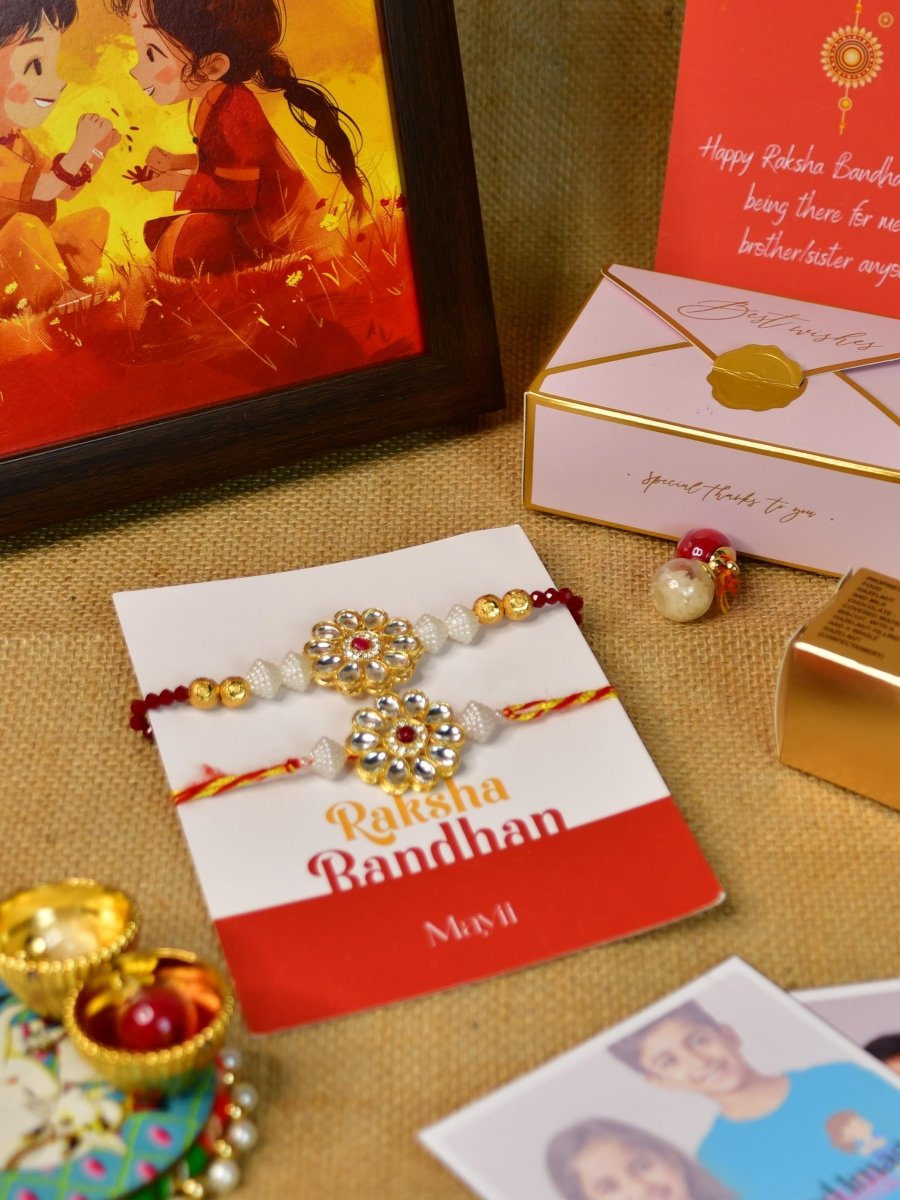 Sowpeace Exquisite Red Centre Flower Rakhi Pack of 1 with Roli Chawal Thali, Chocolates, Photo Frame, Poloroids and Greeting card combo for Raksha Bandhan and Gifting