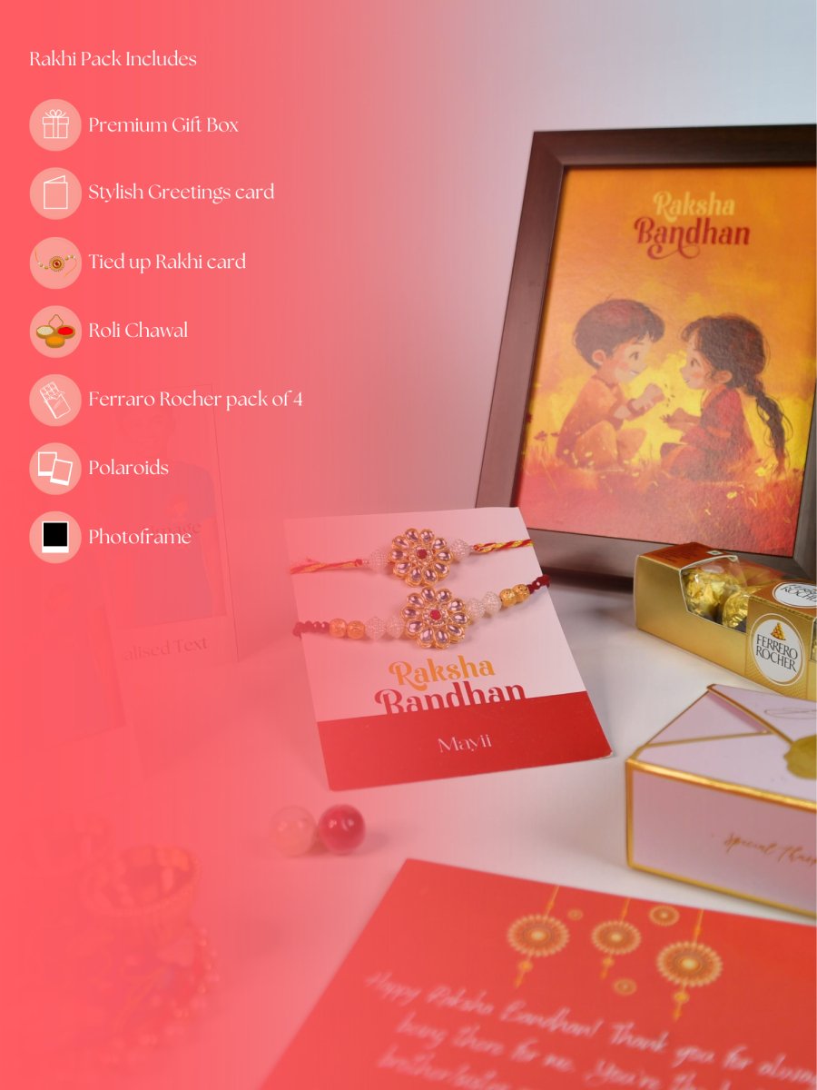 Sowpeace Exquisite Red Centre Flower Rakhi Pack of 1 with Roli Chawal Thali, Chocolates, Photo Frame, Poloroids and Greeting card combo for Raksha Bandhan and Gifting