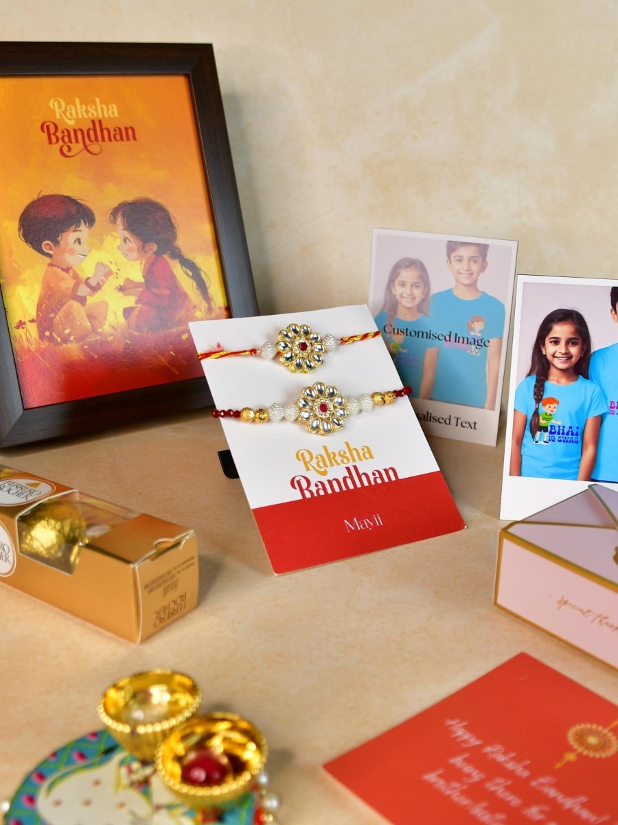 Sowpeace Exquisite Red Centre Flower Rakhi Pack of 1 with Roli Chawal Thali, Chocolates, Photo Frame, Poloroids and Greeting card combo for Raksha Bandhan and Gifting