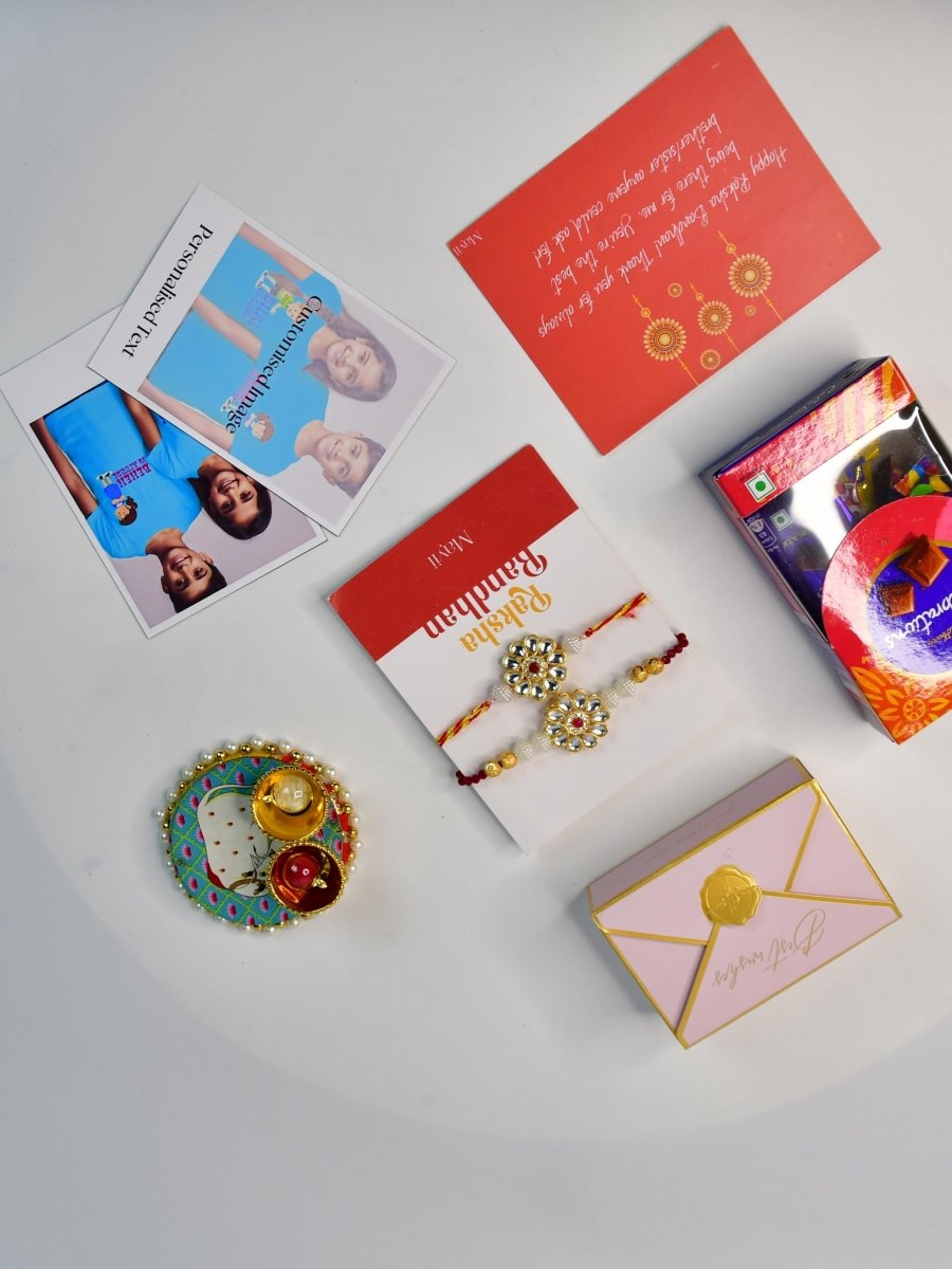 Sowpeace Exquisite Red Centre Flower Rakhi Pack of 1 with Roli Chawal Thali, Chocolates, Poloroids and Greeting card combo for Raksha Bandhan and Gifting