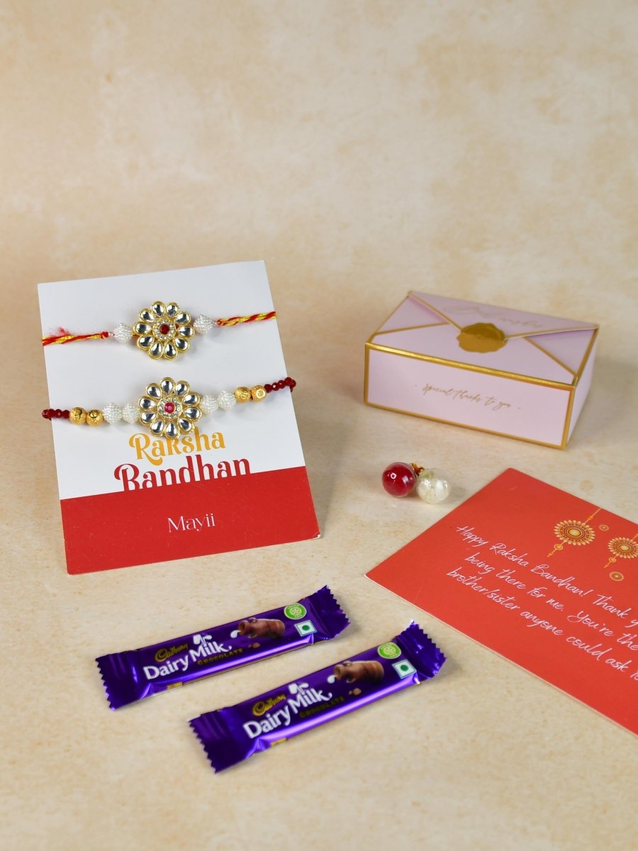 Sowpeace Exquisite Red Centre Flower Rakhi Pack of 1 with Roli Chawal Thali, two Chocolates, and Greeting card combo for Raksha Bandhan and Gifting