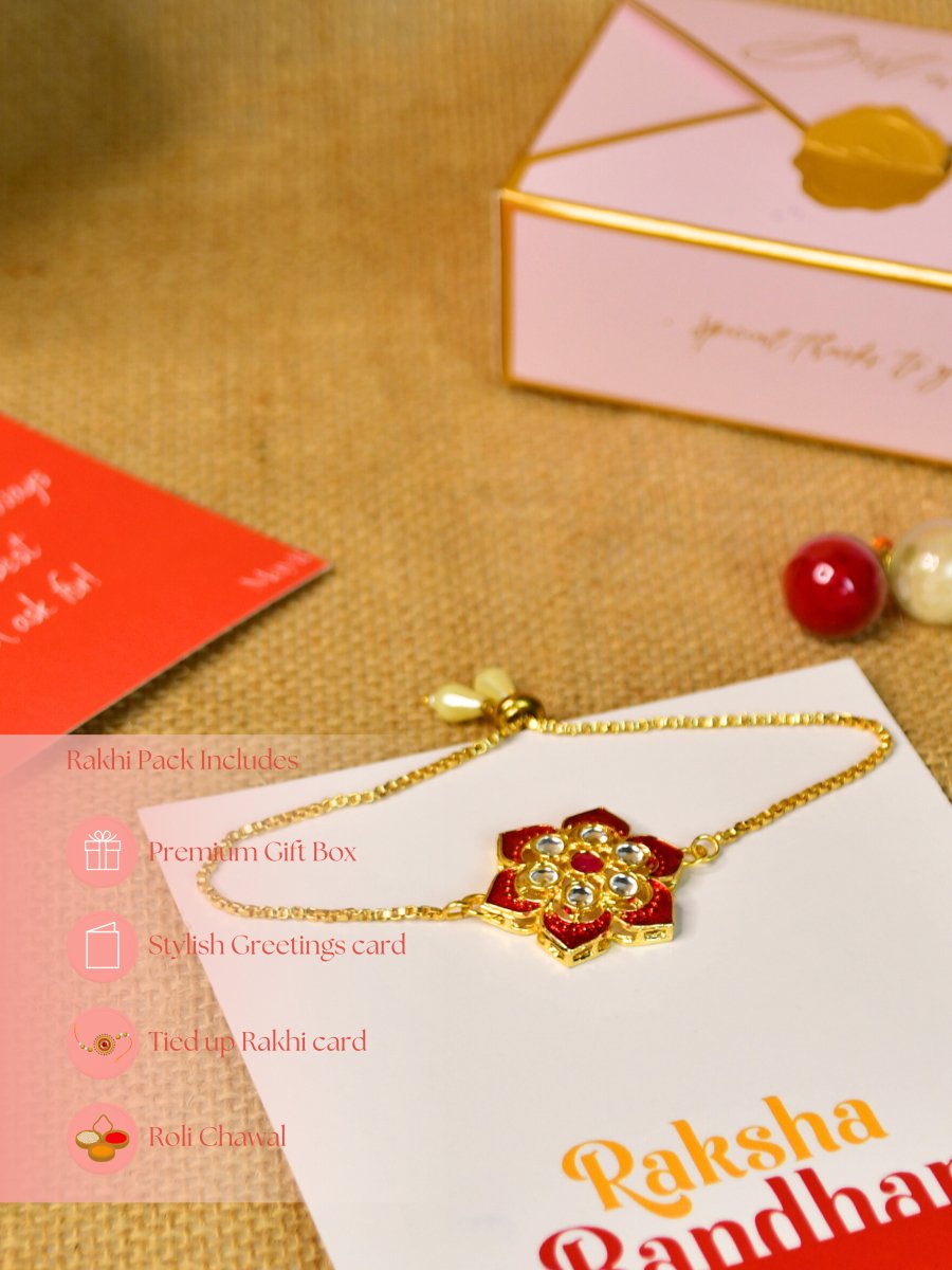 Sowpeace Exquisite Red Flower Rakhi Pack of 1 with Roli Chawal and Greeting card combo for Raksha Bandhan and Gifting