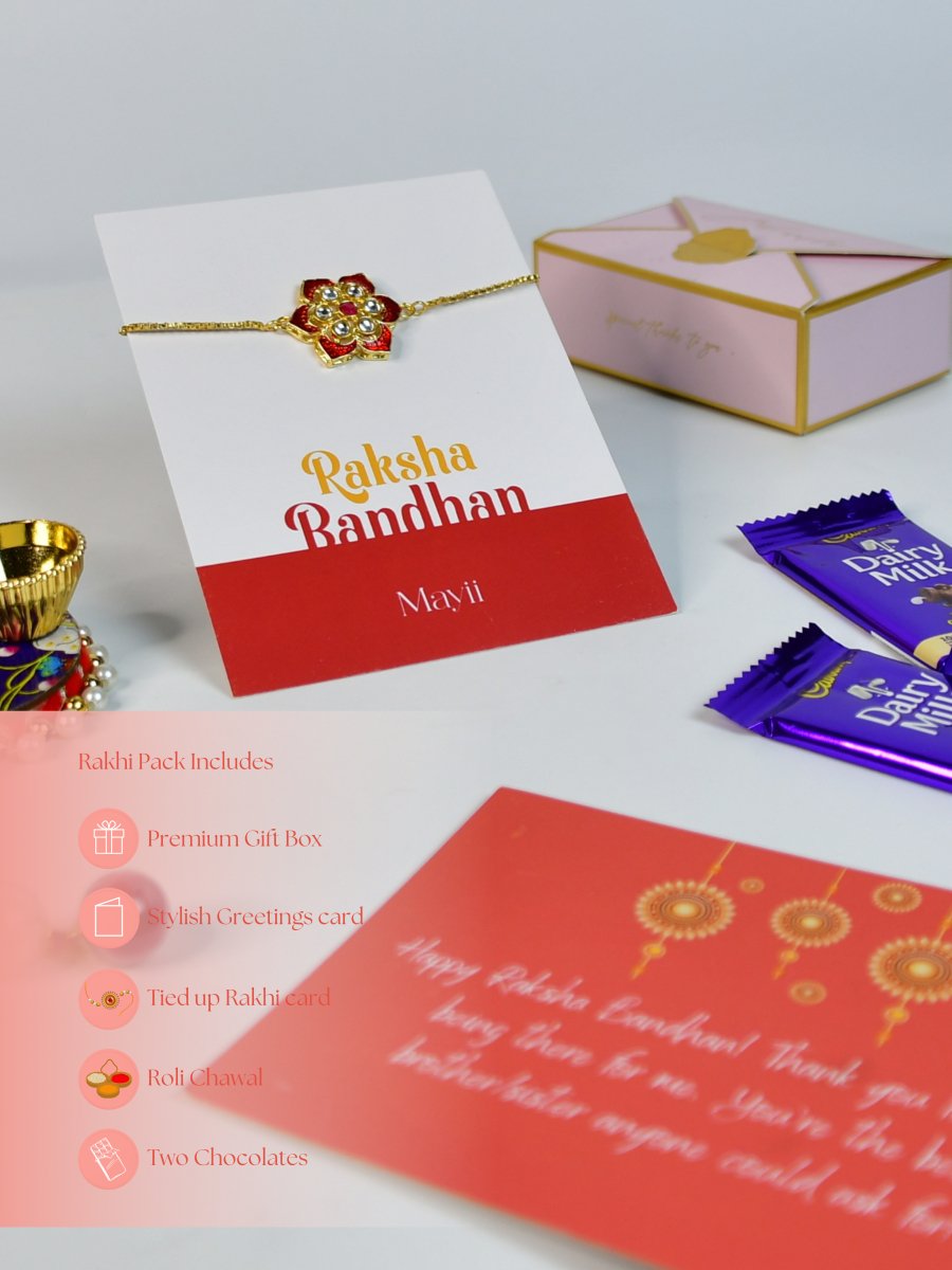 Sowpeace Exquisite Red Flower Rakhi Pack of 1 with Roli Chawal Thali, Chocolates, and Greeting card combo for Raksha Bandhan and Gifting