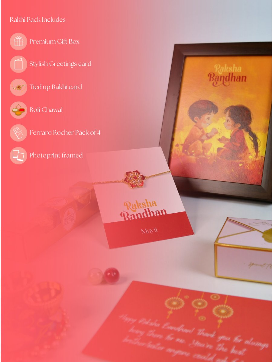 Sowpeace Exquisite Red Flower Rakhi Pack of 1 with Roli Chawal Thali, Chocolates, Photo Frame and Greeting card combo for Raksha Bandhan and Gifting