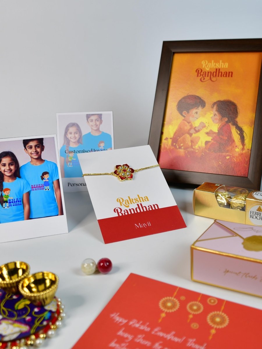 Sowpeace Exquisite Red Flower Rakhi Pack of 1 with Roli Chawal Thali, Chocolates, Photo Frame, Poloroids and Greeting card combo for Raksha Bandhan and Gifting