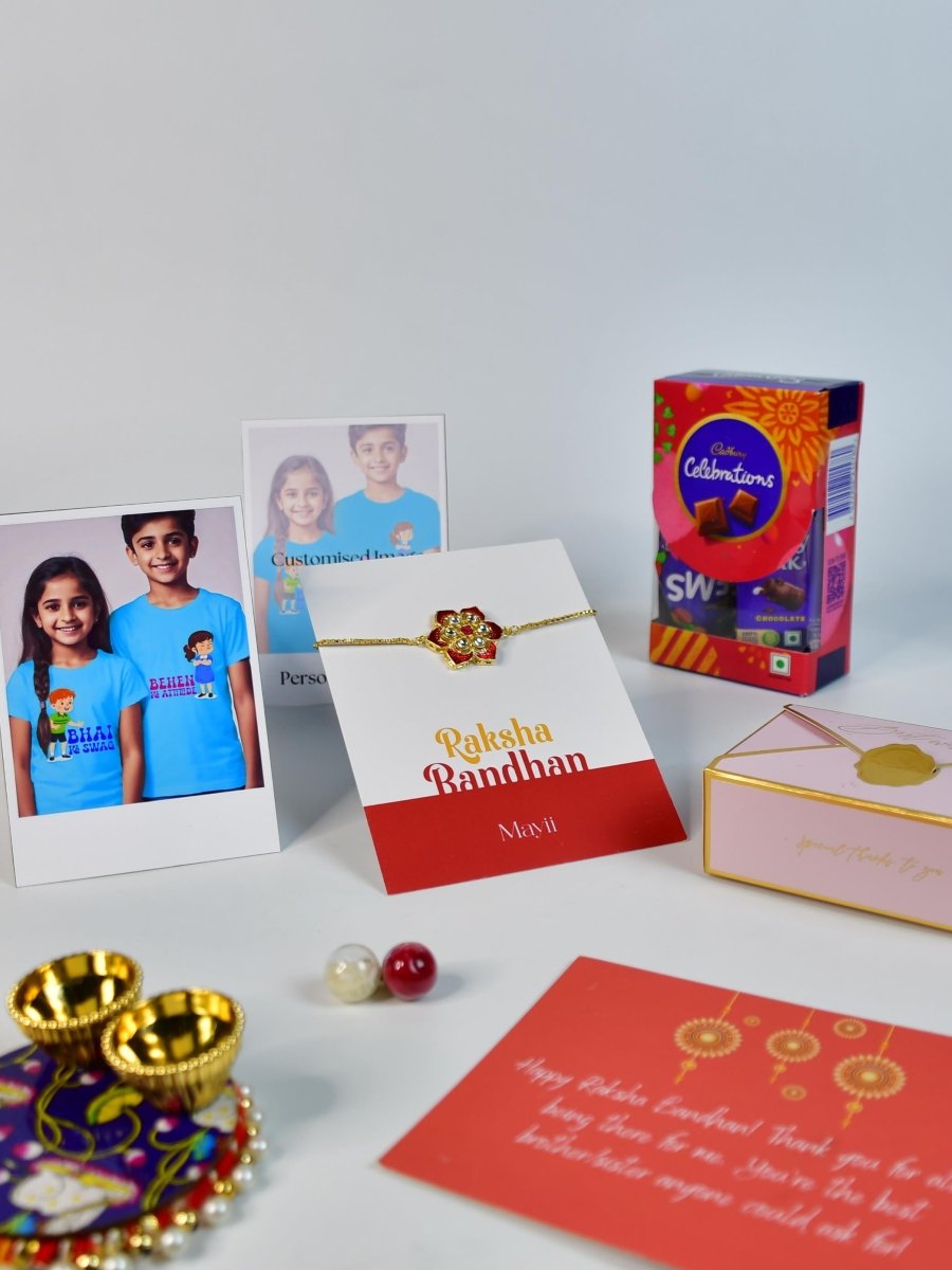 Sowpeace Exquisite Red Flower Rakhi Pack of 1 with Roli Chawal Thali, Chocolates, Poloroids and Greeting card combo for Raksha Bandhan and Gifting