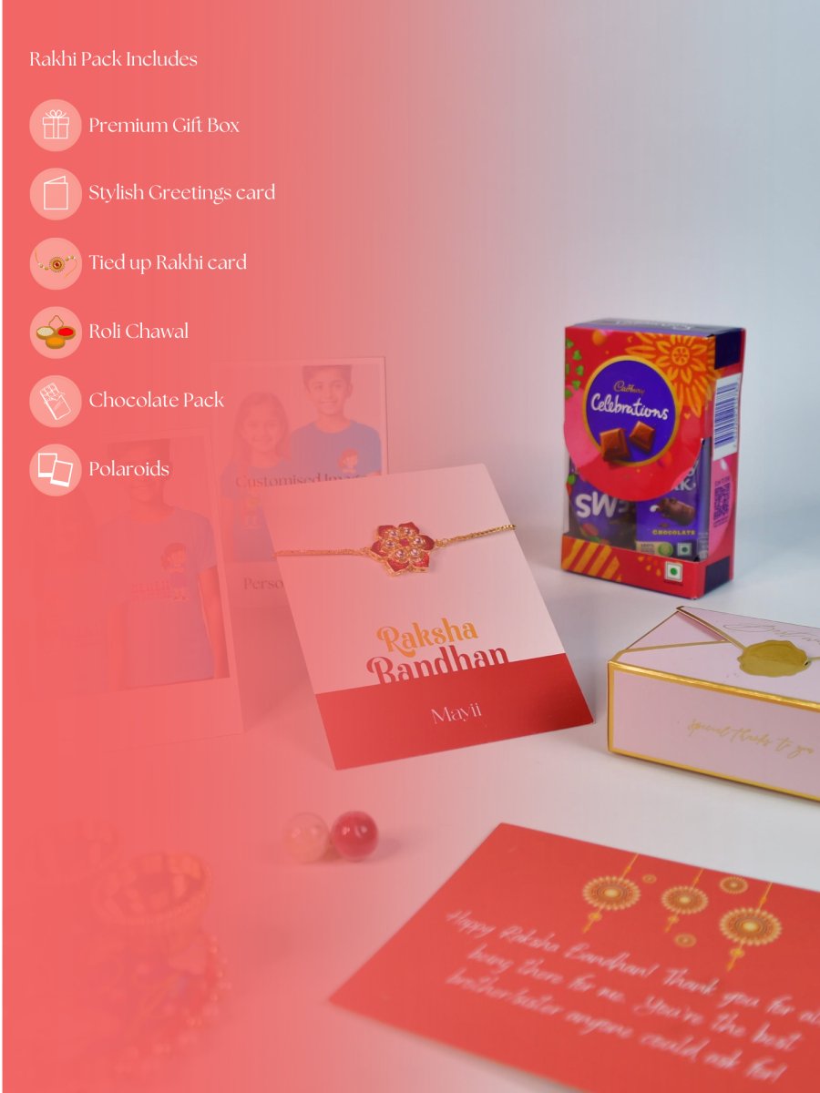 Sowpeace Exquisite Red Flower Rakhi Pack of 1 with Roli Chawal Thali, Chocolates, Poloroids and Greeting card combo for Raksha Bandhan and Gifting