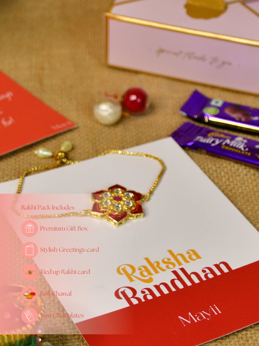 Sowpeace Exquisite Red Flower Rakhi Pack of 1 with Roli Chawal Thali, two Chocolates, and Greeting card combo for Raksha Bandhan and Gifting