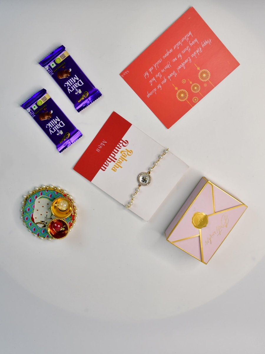 Sowpeace Exquisite Swastik Rakhi Pack of 1 with Roli Chawal Thali, Chocolates, and Greeting card combo for Raksha Bandhan and Gifting