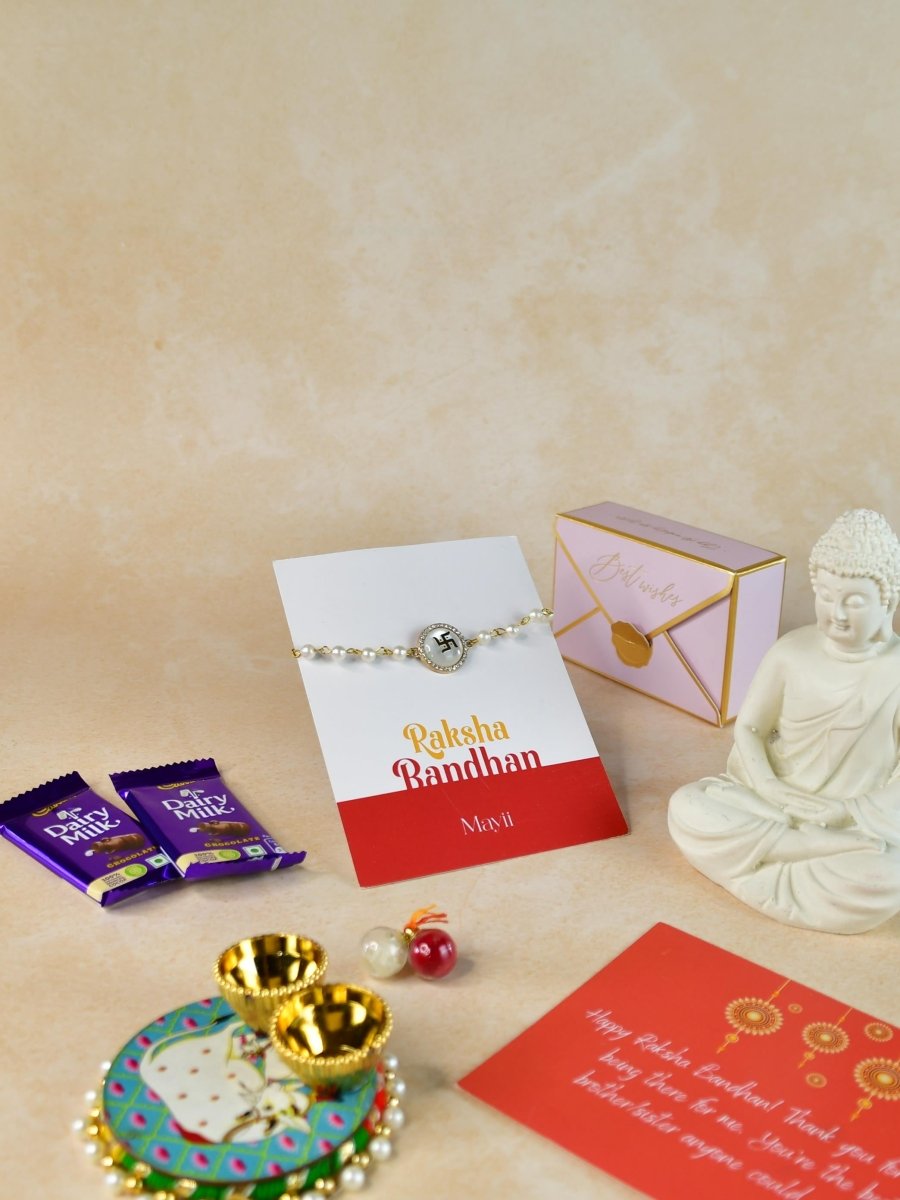 Sowpeace Exquisite Swastik Rakhi Pack of 1 with Roli Chawal Thali, Chocolates, Buddha and Greeting card combo for Raksha Bandhan and Gifting