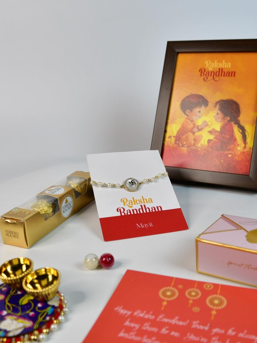 Sowpeace Exquisite Swastik Rakhi Pack of 1 with Roli Chawal Thali, Chocolates, Photo Frame and Greeting card combo for Raksha Bandhan and Gifting