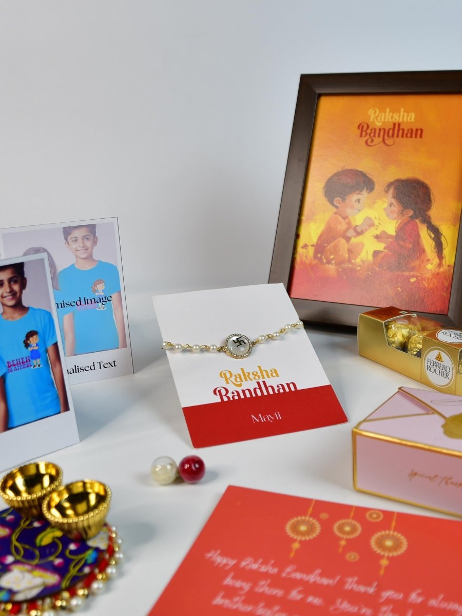 Sowpeace Exquisite Swastik Rakhi Pack of 1 with Roli Chawal Thali, Chocolates, Photo Frame, Poloroids and Greeting card combo for Raksha Bandhan and Gifting