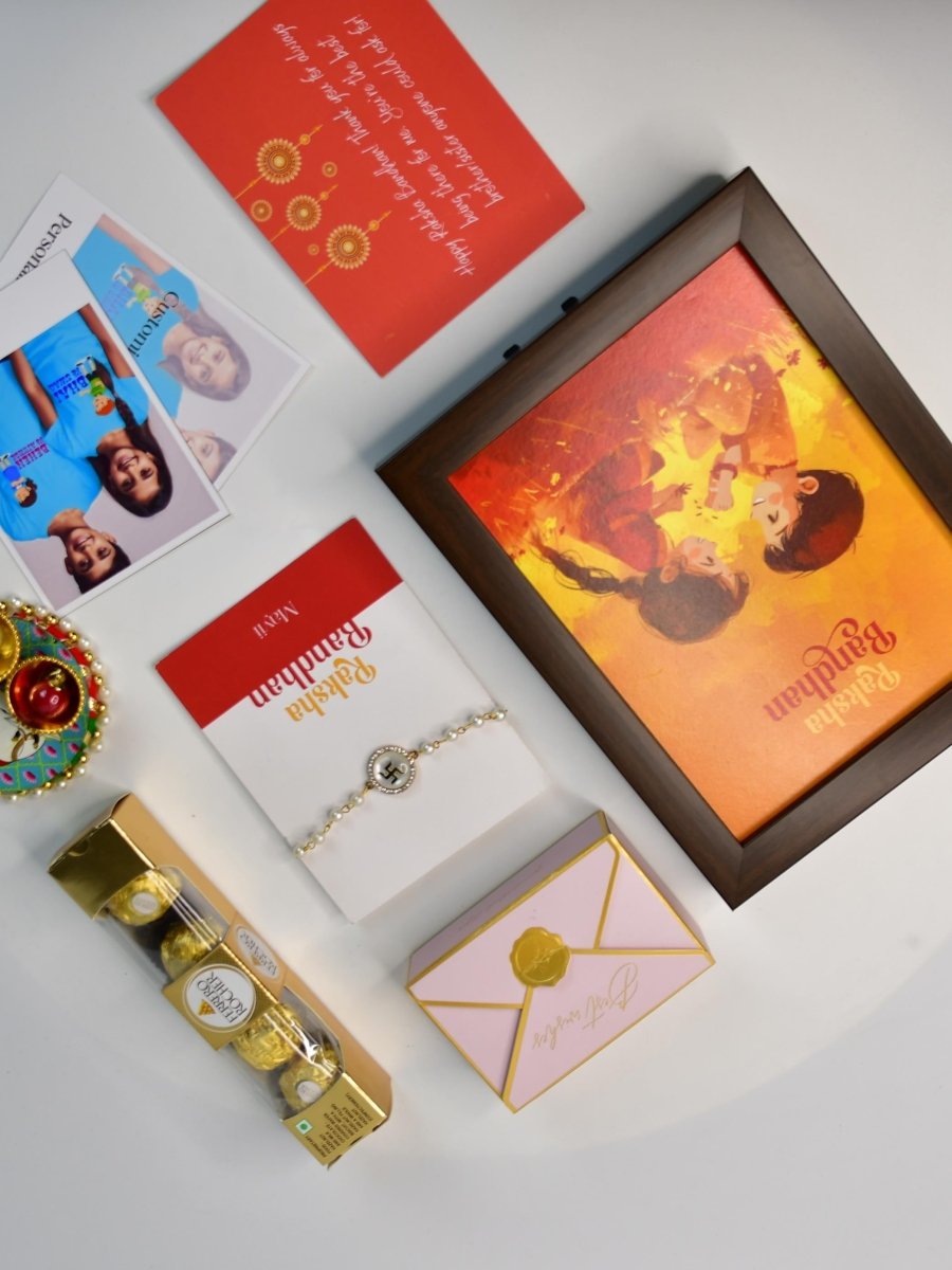 Sowpeace Exquisite Swastik Rakhi Pack of 1 with Roli Chawal Thali, Chocolates, Photo Frame, Poloroids and Greeting card combo for Raksha Bandhan and Gifting