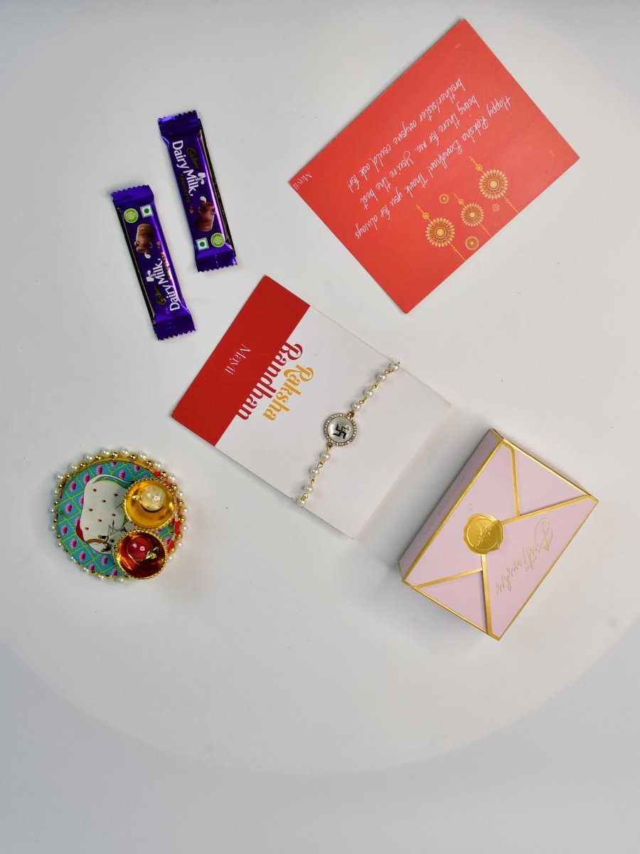 Sowpeace Exquisite Swastik Rakhi Pack of 1 with Roli Chawal Thali, two Chocolates, and Greeting card combo for Raksha Bandhan and Gifting