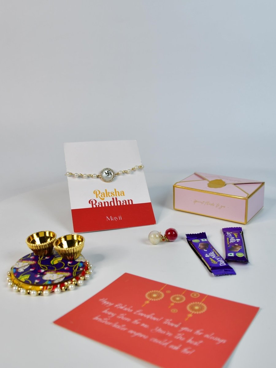 Sowpeace Exquisite Swastik Rakhi Pack of 1 with Roli Chawal Thali, two Chocolates, and Greeting card combo for Raksha Bandhan and Gifting