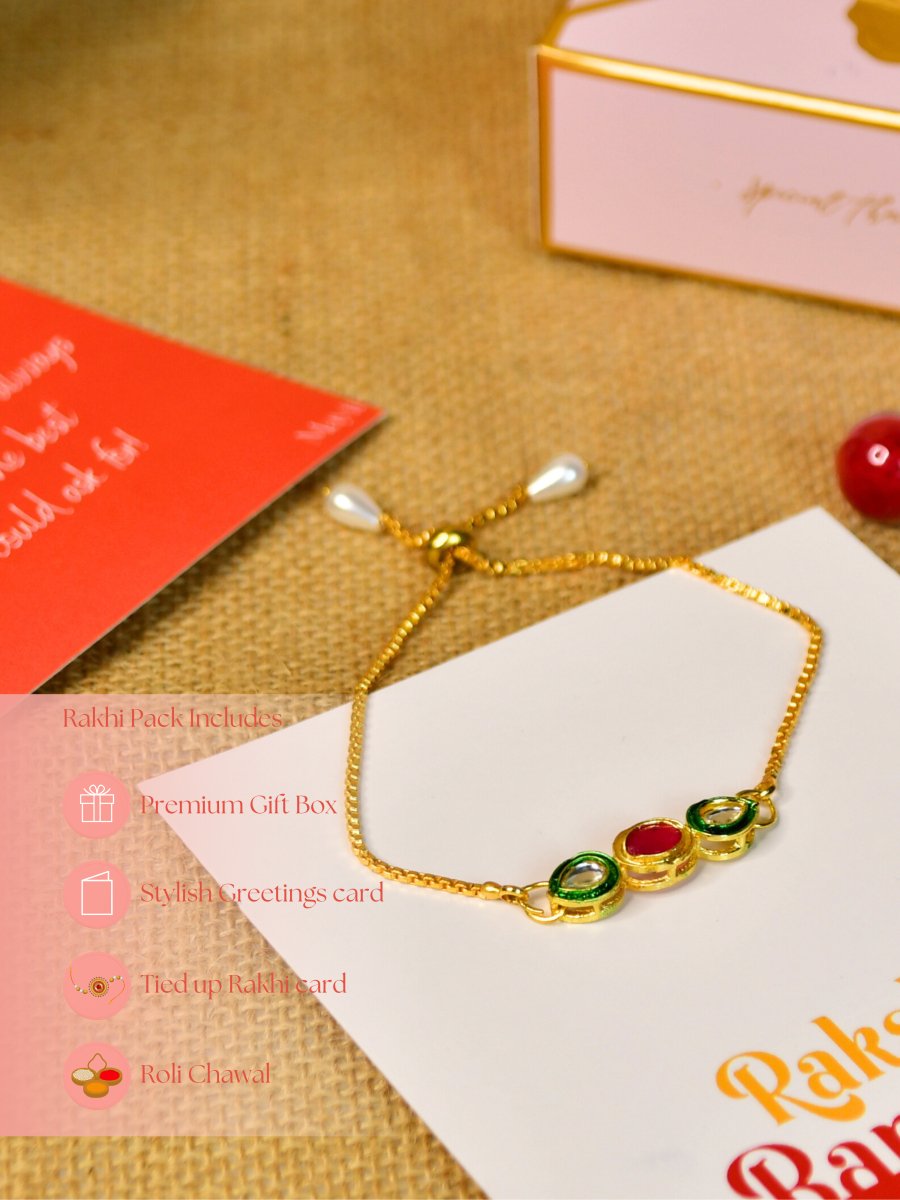 Sowpeace Exquisite Tri Red Green Rakhi Pack of 1 with Roli Chawal and Greeting card combo for Raksha Bandhan and Gifting