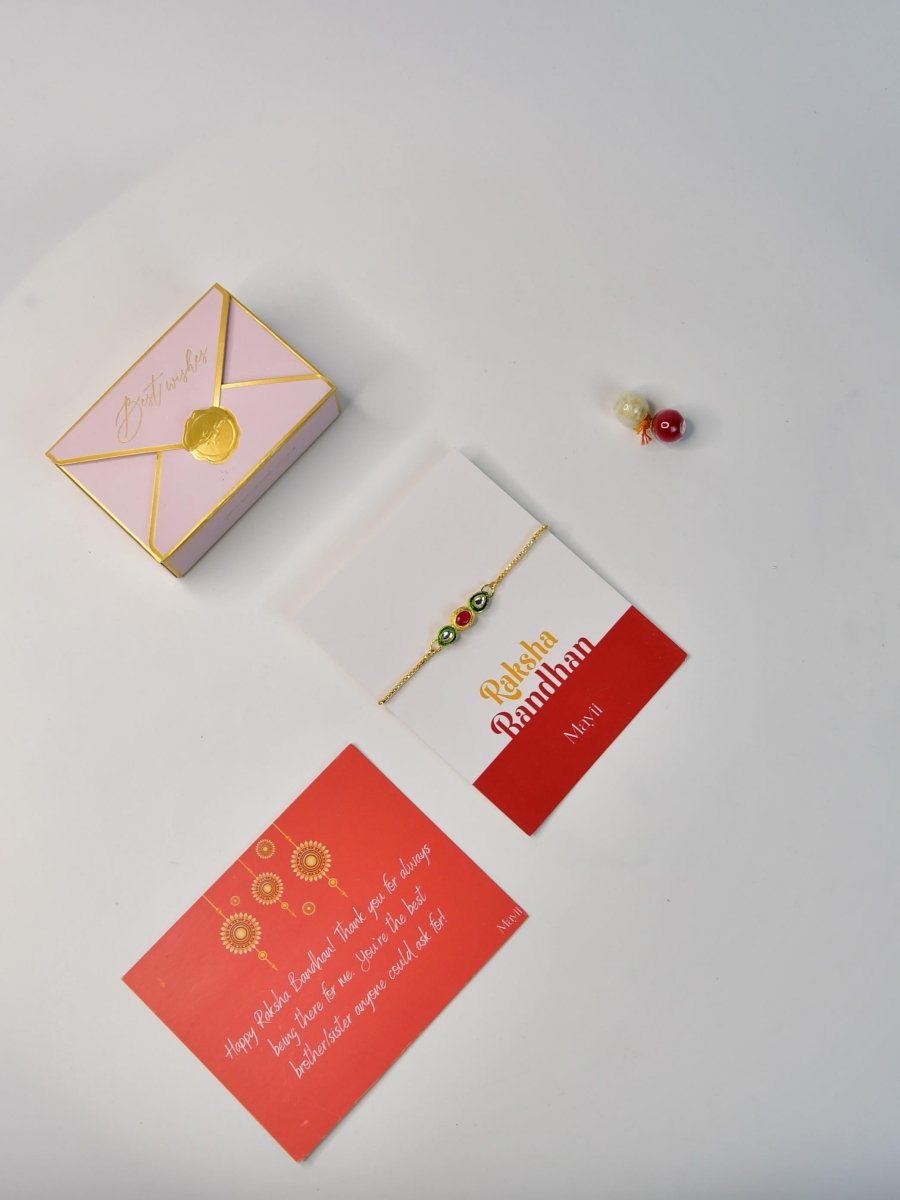 Sowpeace Exquisite Tri Red Green Rakhi Pack of 1 with Roli Chawal and Greeting card combo for Raksha Bandhan and Gifting