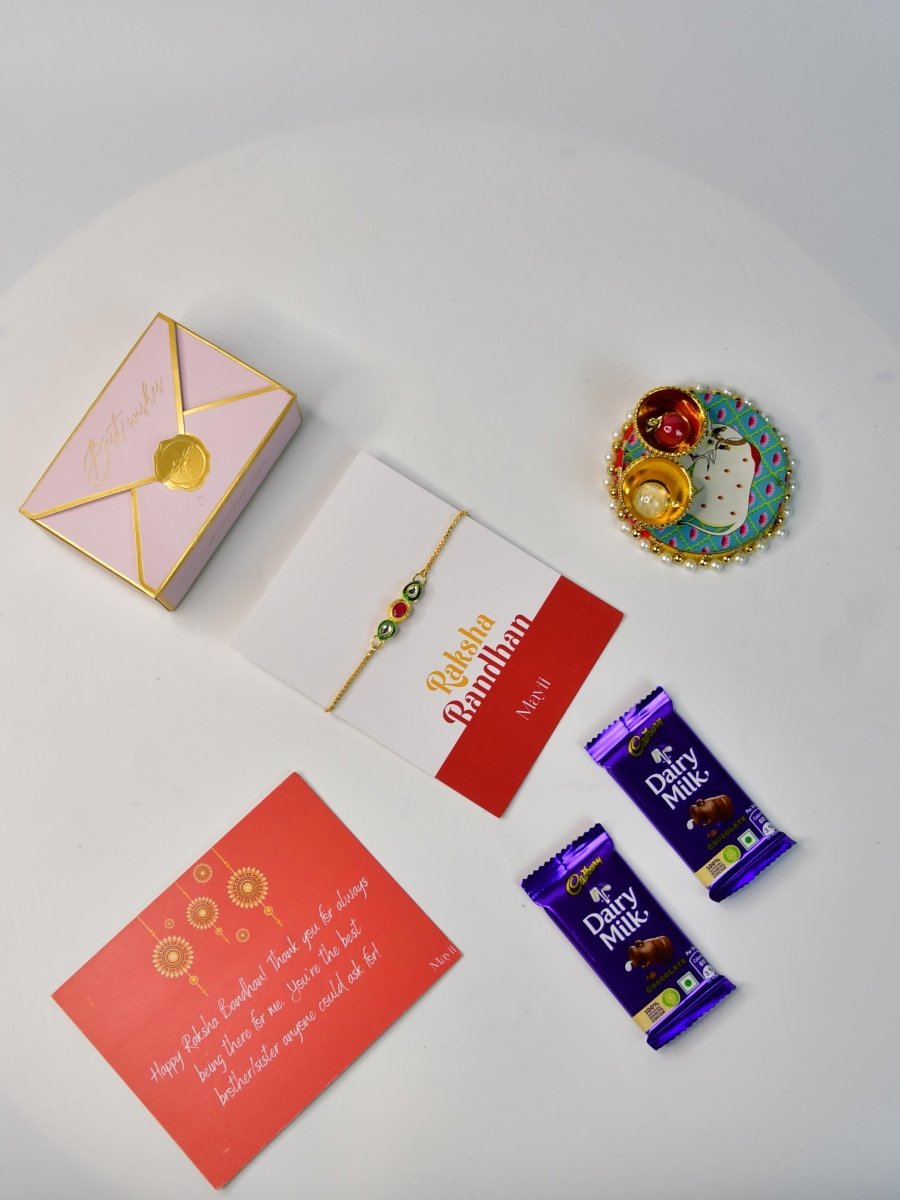 Sowpeace Exquisite Tri Red Green Rakhi Pack of 1 with Roli Chawal Thali, Chocolates, and Greeting card combo for Raksha Bandhan and Gifting