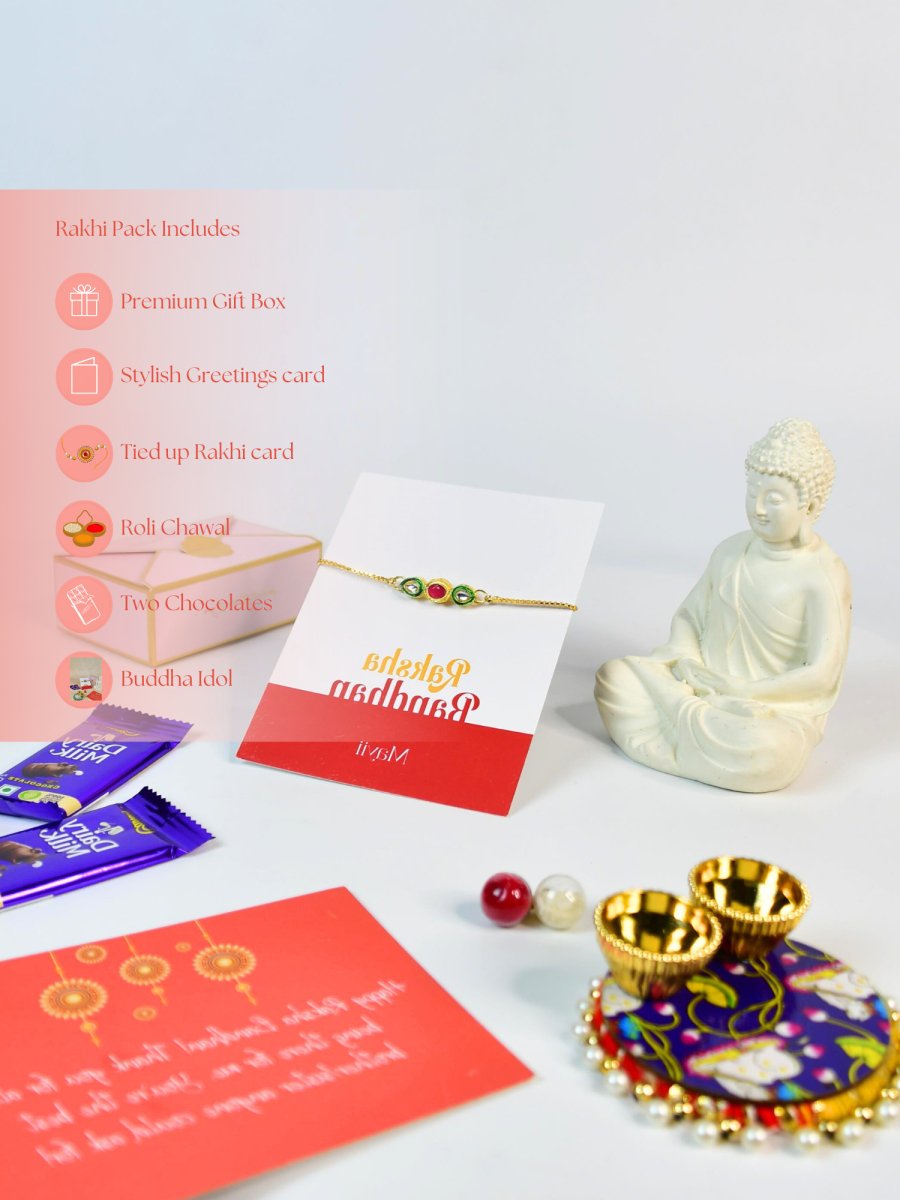 Sowpeace Exquisite Tri Red Green Rakhi Pack of 1 with Roli Chawal Thali, Chocolates, Buddha and Greeting card combo for Raksha Bandhan and Gifting