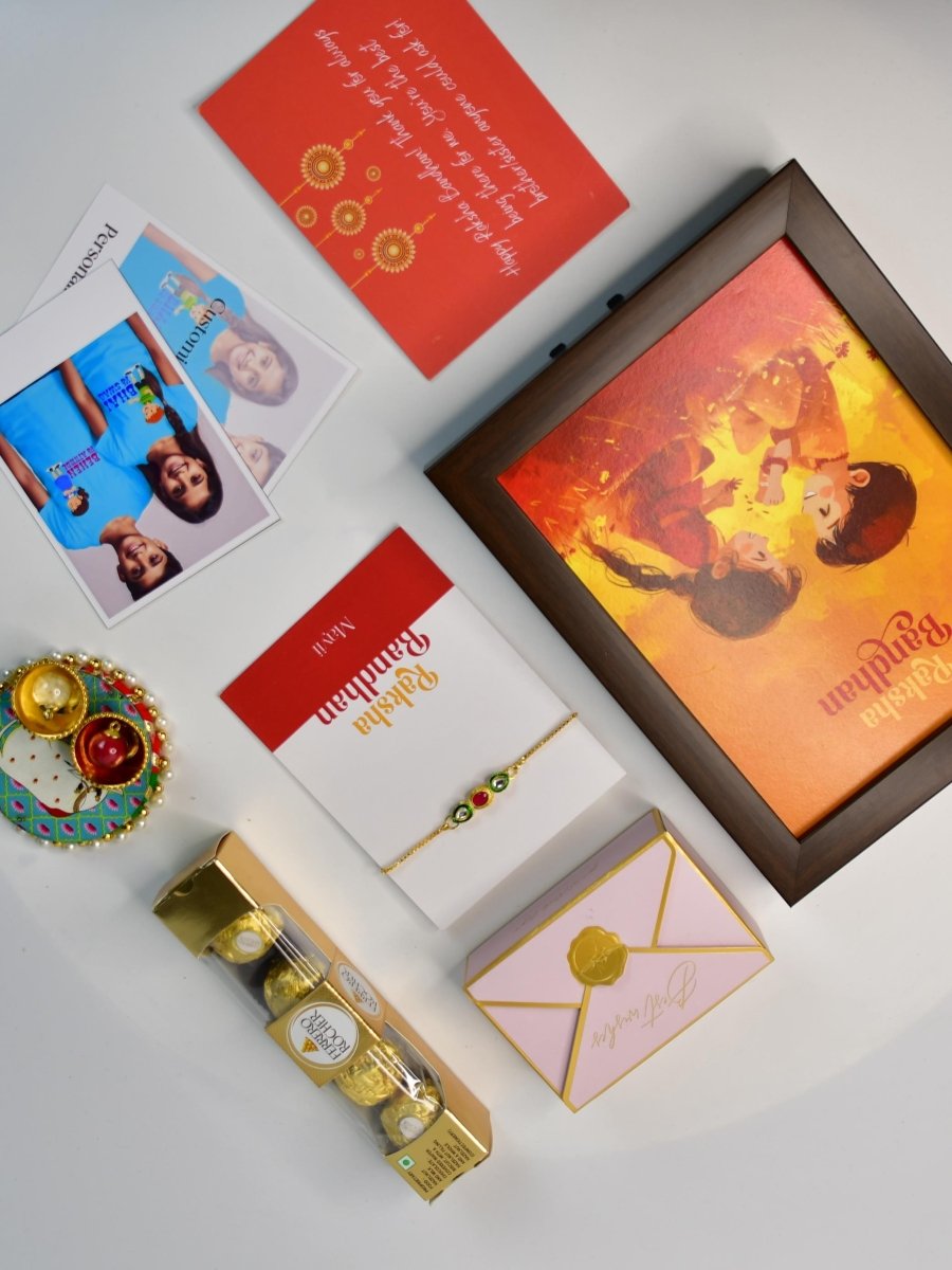 Sowpeace Exquisite Tri Red Green Rakhi Pack of 1 with Roli Chawal Thali, Chocolates, Photo Frame, Poloroids and Greeting card combo for Raksha Bandhan and Gifting