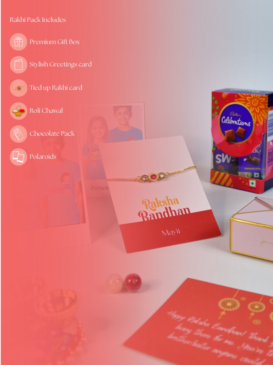 Sowpeace Exquisite Tri Red Green Rakhi Pack of 1 with Roli Chawal Thali, Chocolates, Poloroids and Greeting card combo for Raksha Bandhan and Gifting