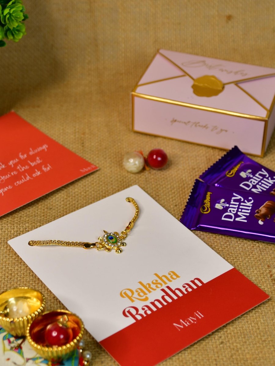 Sowpeace Exquisite Turtle Rakhi Pack of 1 with Roli Chawal Thali, Chocolates, and Greeting card combo for Raksha Bandhan and Gifting