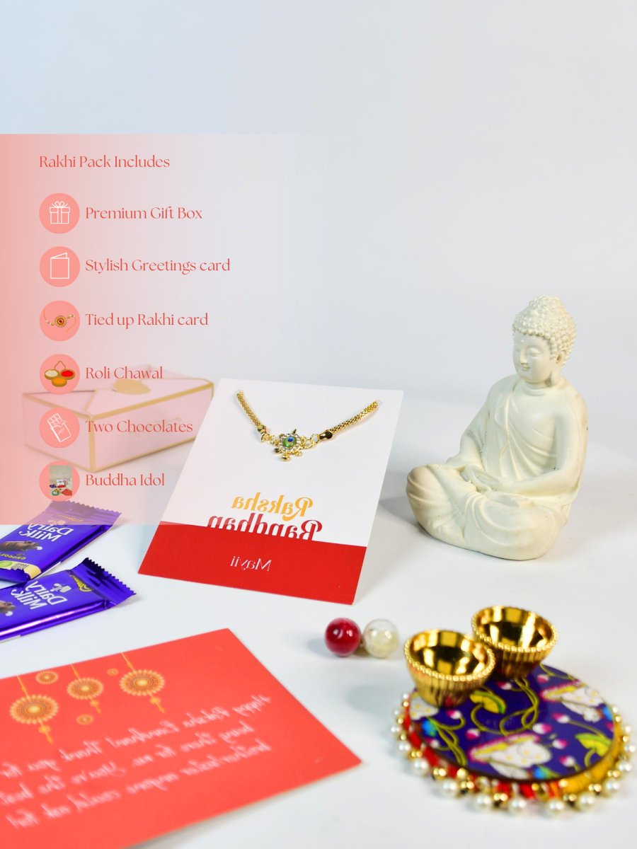 Sowpeace Exquisite Turtle Rakhi Pack of 1 with Roli Chawal Thali, Chocolates, Buddha and Greeting card combo for Raksha Bandhan and Gifting