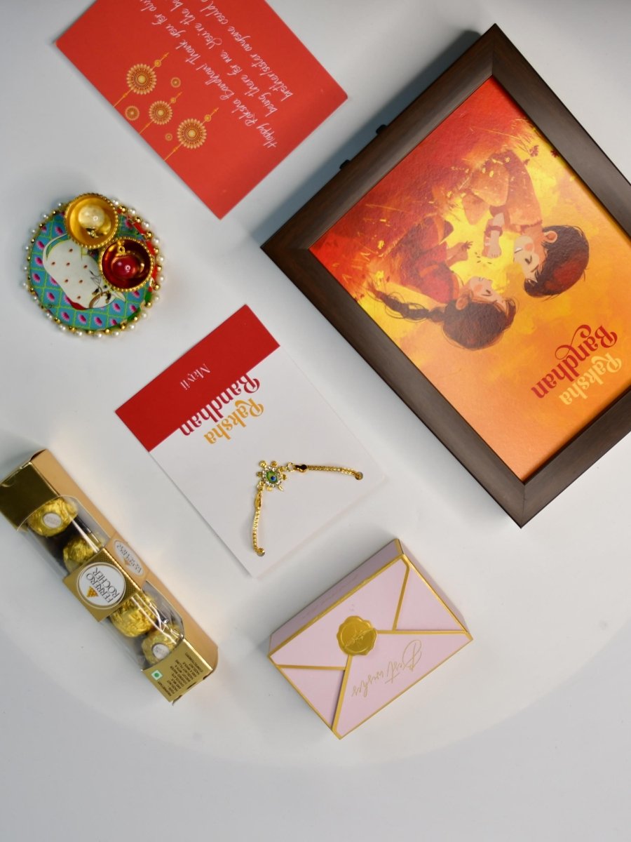 Sowpeace Exquisite Turtle Rakhi Pack of 1 with Roli Chawal Thali, Chocolates, Photo Frame and Greeting card combo for Raksha Bandhan and Gifting