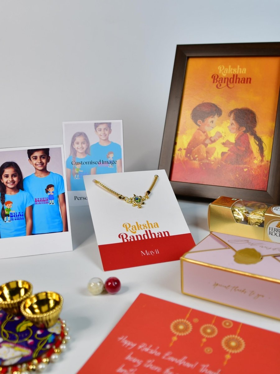 Sowpeace Exquisite Turtle Rakhi Pack of 1 with Roli Chawal Thali, Chocolates, Photo Frame, Poloroids and Greeting card combo for Raksha Bandhan and Gifting