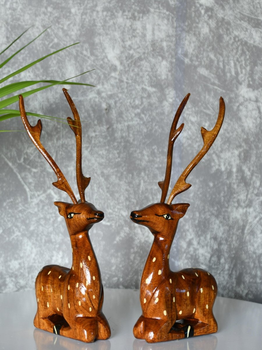 Sowpeace Wooden Sitting Deer Pair: Artisan Home Decor