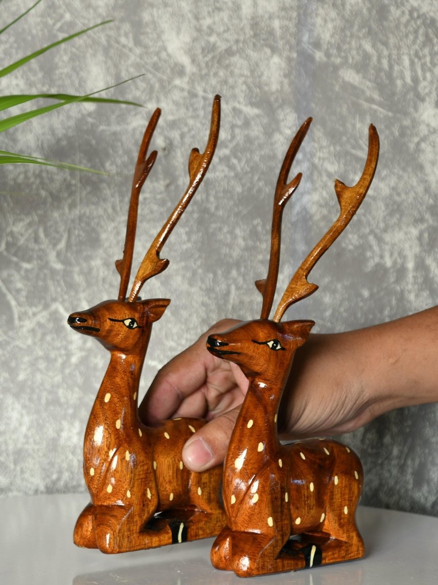 Sowpeace Wooden Sitting Deer Pair: Artisan Home Decor