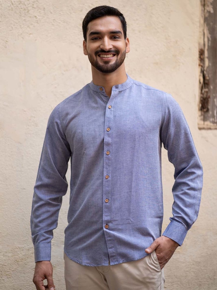 Steel Blue Mandarin Collar Shirt in TENCEL™ Lyocell Linen