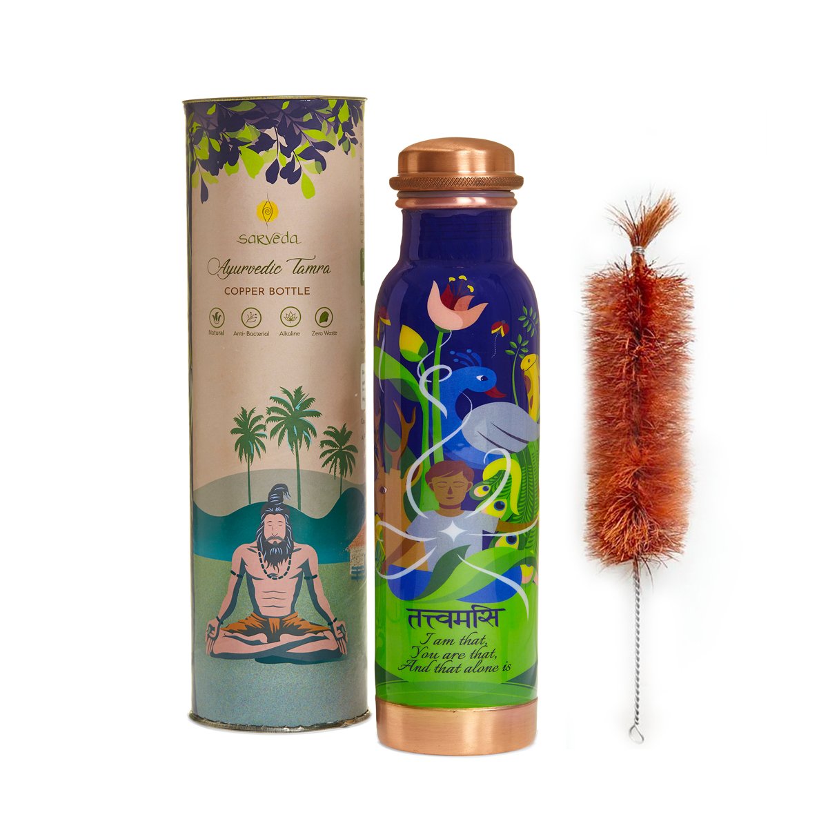 Tatvamassi Copper Bottle-Blue- 500 ml with Brush