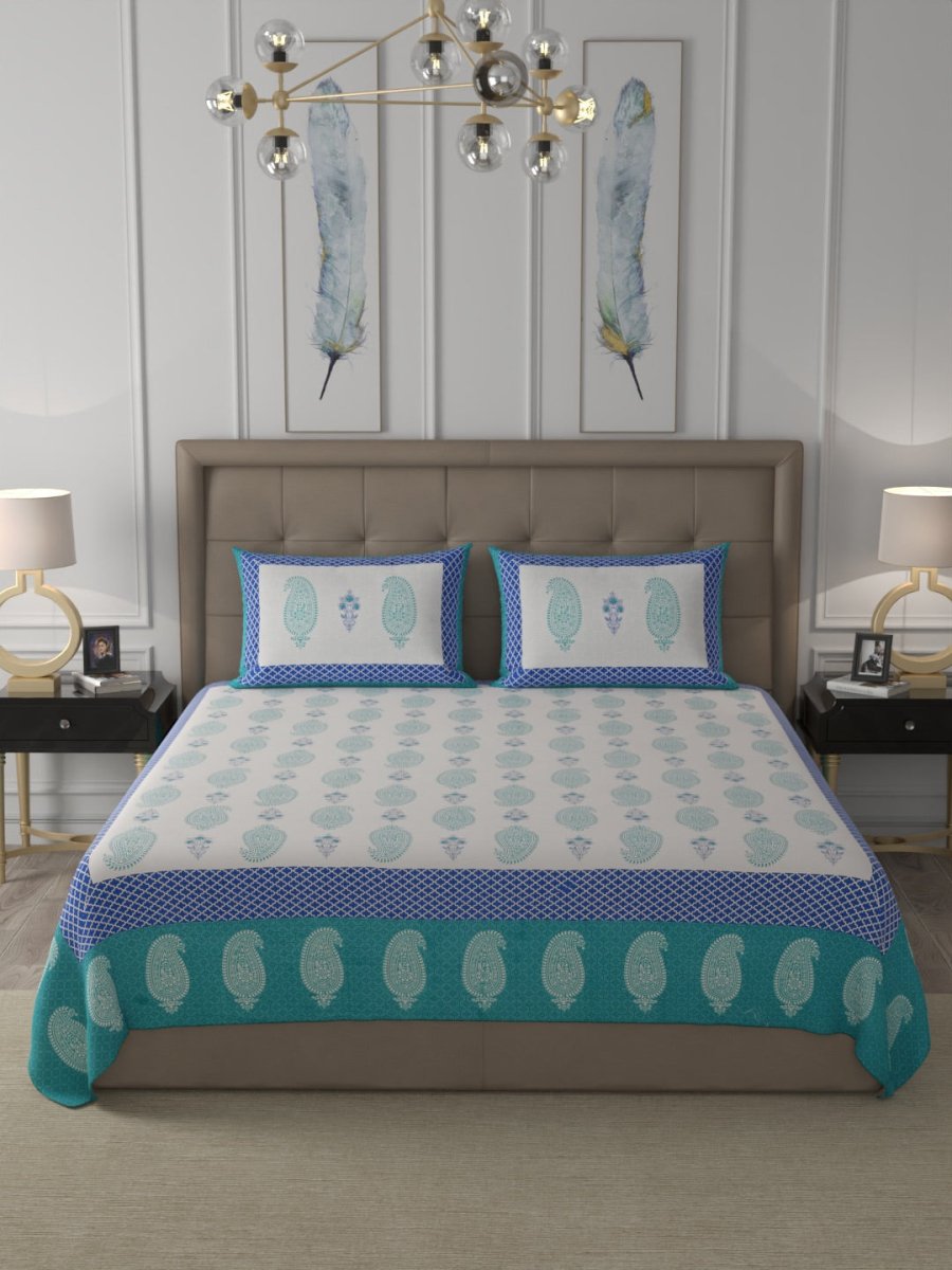 Teal Elegant Hand Block Print Pure Cotton Super King Size Bedsheet with 2 Pillow Covers