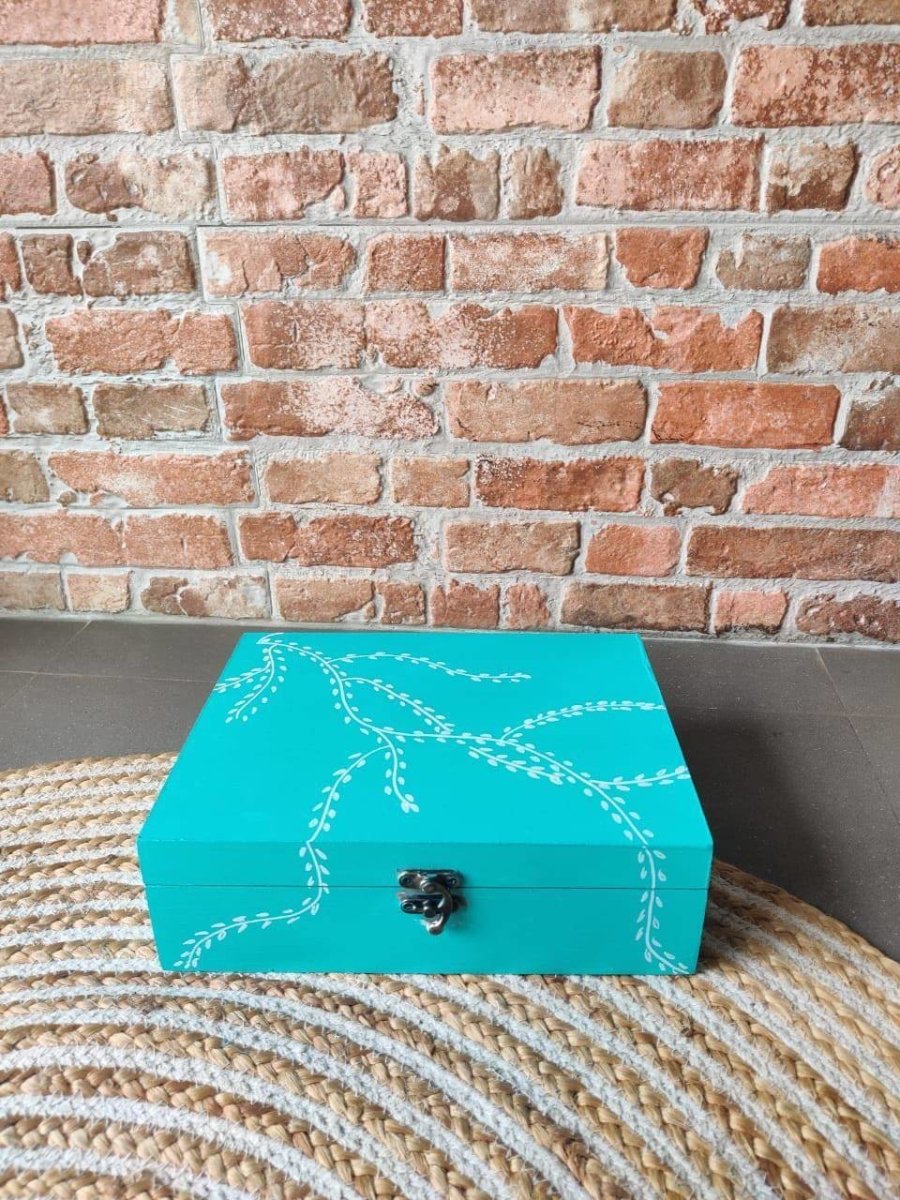 Teal Green Hand-Painted Wooden Multipurpose Storage/Vanity Box