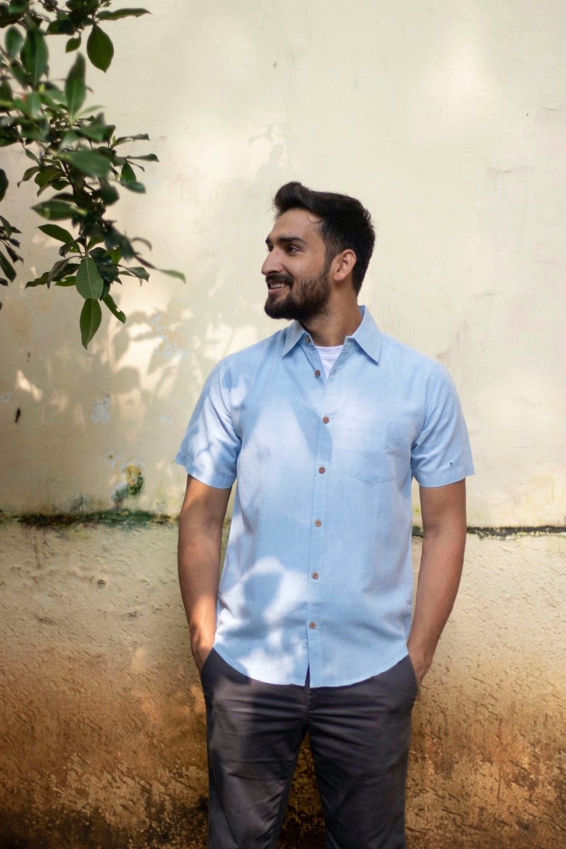 TENCEL™ Lyocell-Linen Half Sleeve Shirt in Ice Blue