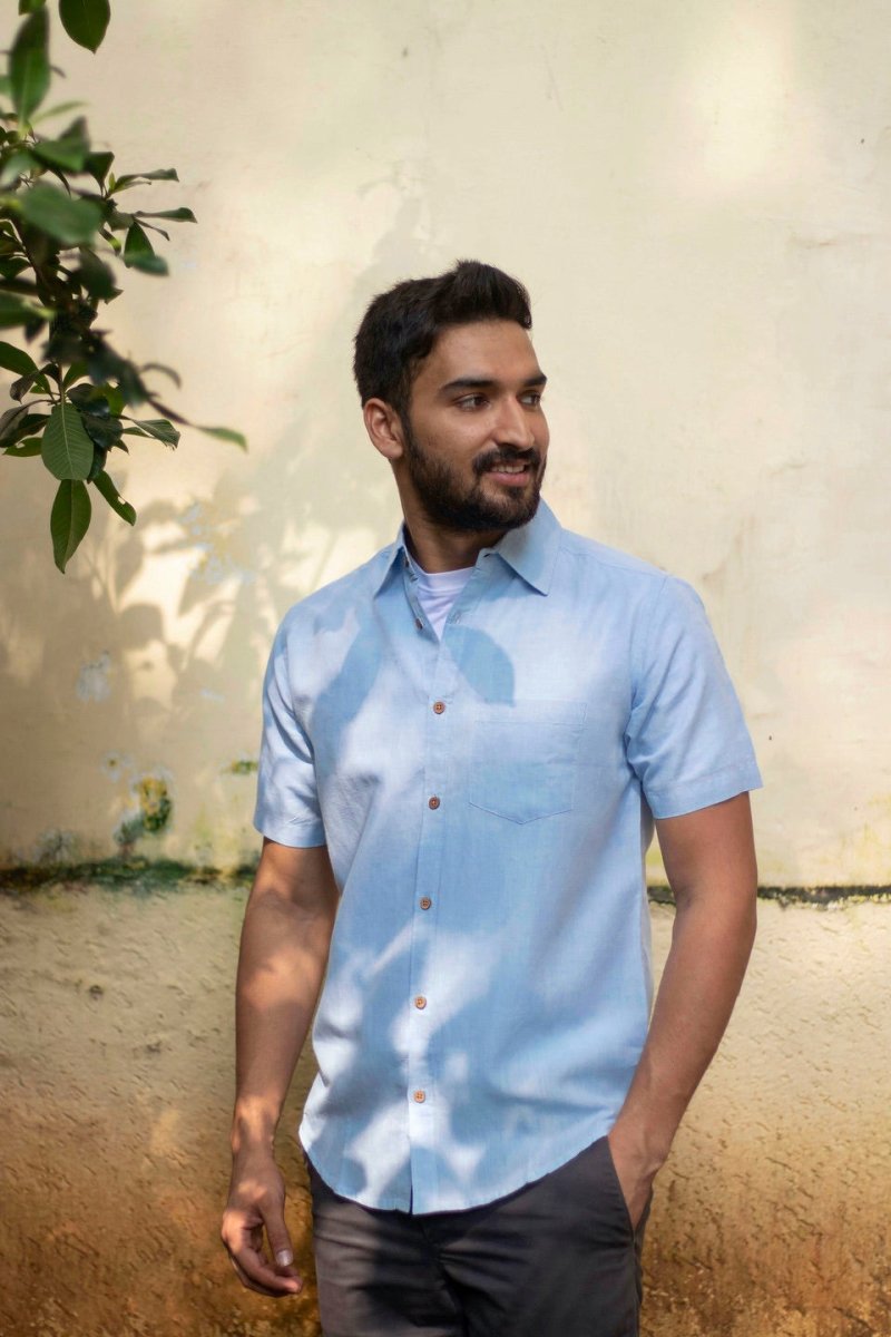 TENCEL™ Lyocell-Linen Half Sleeve Shirt in Ice Blue