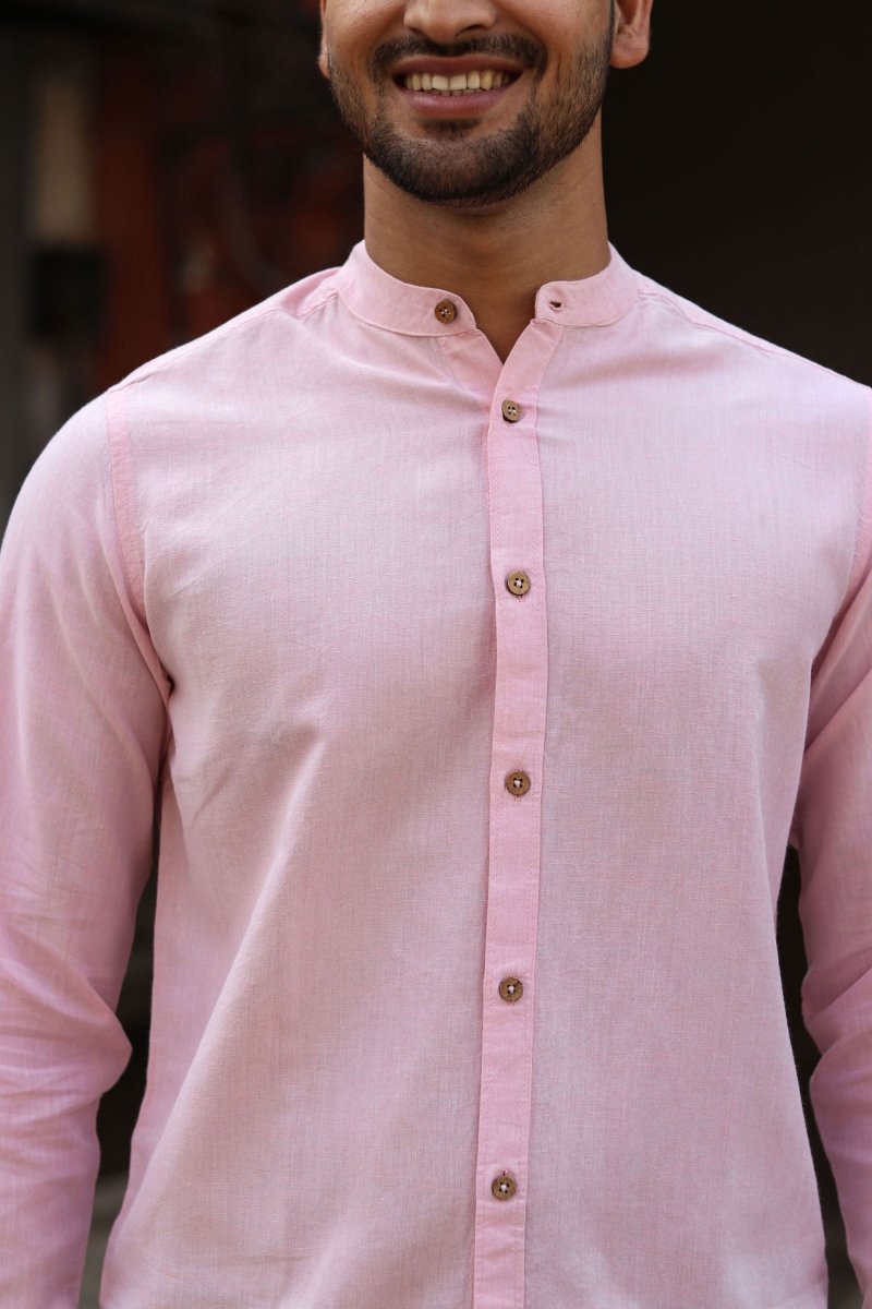 TENCEL™ Lyocell-Linen Mandarin Collar Shirt in Charm Pink